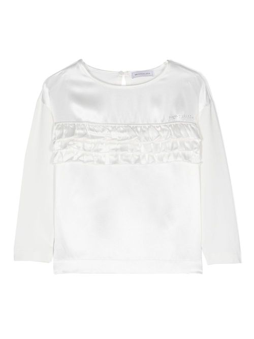 Rhinestone-logo ruffled blouse - White