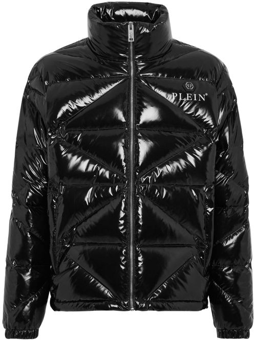 Logo-plaque glossy padded jacket - Black