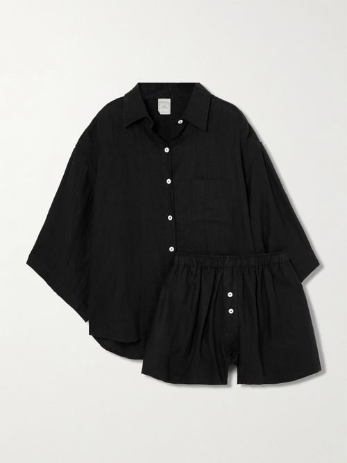 03 Linen Shirt And Shorts Set - Black