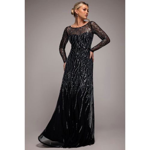 Goddiva Ombre Sequin Beaded Flared Long Sleeve Maxi Dress - Black