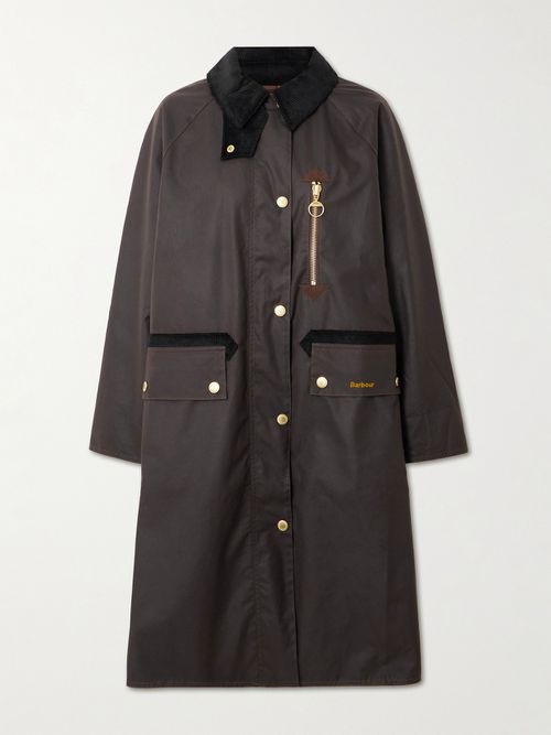 Evette Corduroy-trimmed Waxed-cotton Trench Coat - Green