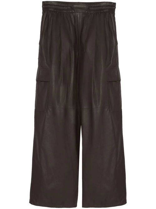 Nubuck Leather Wide-Leg Cargo Pants — Brown