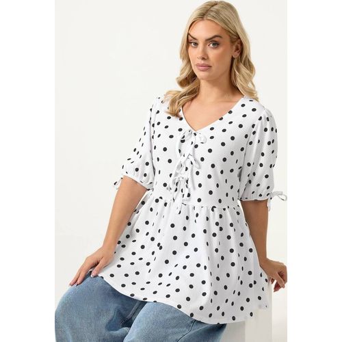Yours Polka Dot Bow Front Peplum Top In White