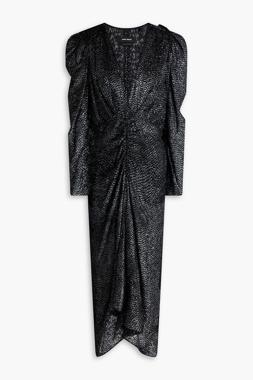 Maray ruched flocked chiffon midi dress - Black - FR 34