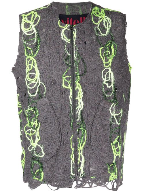 Open-knit distressed zipped waistcoat - Grey
