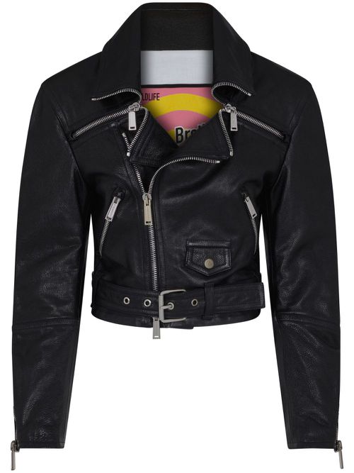 Cropped leather biker jacket - Black