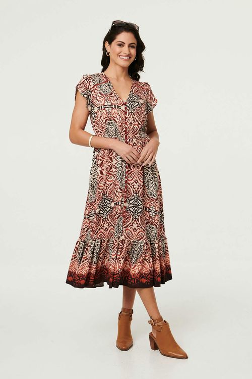 Izabel London Printed Cap Sleeve Midi Dress - - Red