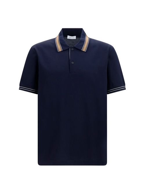 Striped Ribbed Collar Polo Shirt — Navy