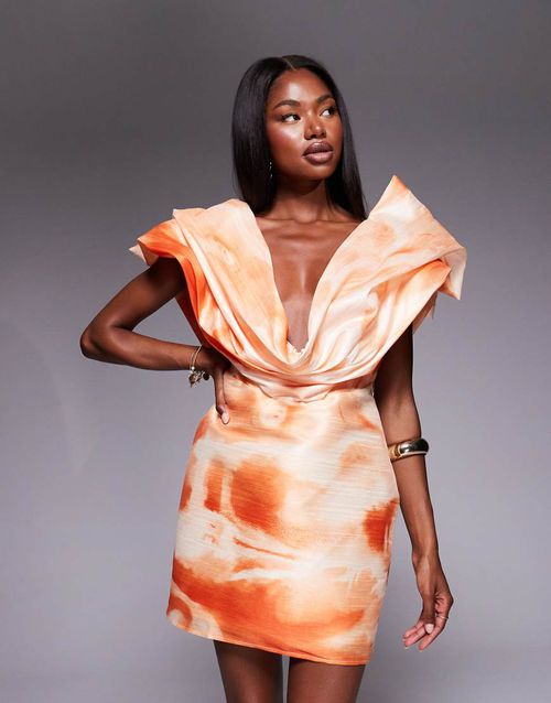 Structured plunge mini dress in orange abstract print-Multi