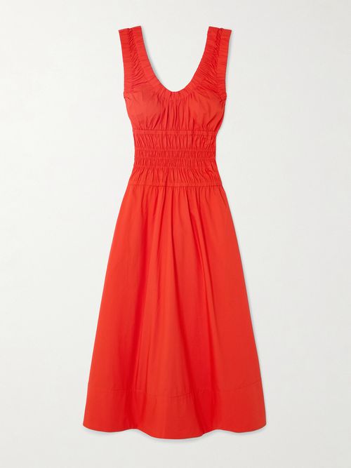 Penny Shirred Pleated Cotton-poplin Midi Dress