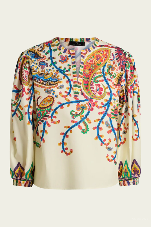 Floral Paisley-Print Cotton Blouse in Ecru Multicolor