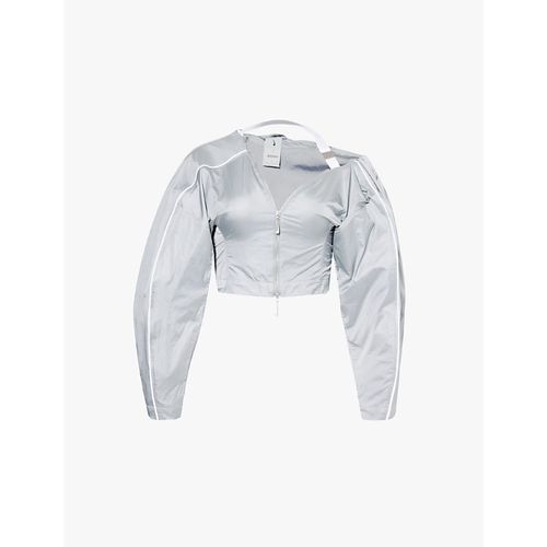 Womens Particle Grey White Off-shoulder Brand Print Relaxed-fit Shell Jacket S