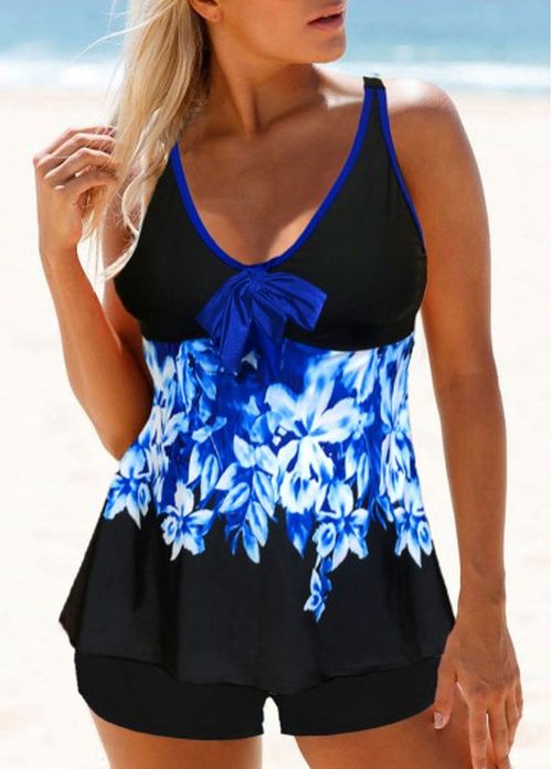 Modlily Leaf Print Bowknot Front Tankini Set