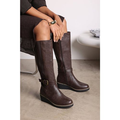 Where's That From Wheres Womens 'Regina' Wide Fit Faux Leather Knee High Wedge Boots With Strap And Buckle - Brown - 7 Wide Fit UK Shoe