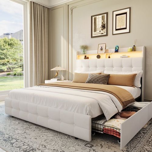 Garvee Modern Queen Upholstered Bed Frame with LED Light, Double-Layer Tufted Headboard, 2 Storage Drawers, Charging Station & USB Port, Light beige Soft Fabric & Natural Wood, QUEEN Light beige - natural wood board flanne