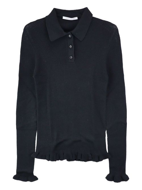 Cecilie Bahnsen ruffle-hem ribbed polo top - Black