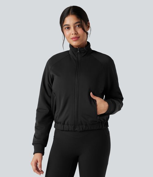 Reversible High Neck Long Sleeve Fleece Hiking Jacket with Pockets (Two Looks in One)  - Black