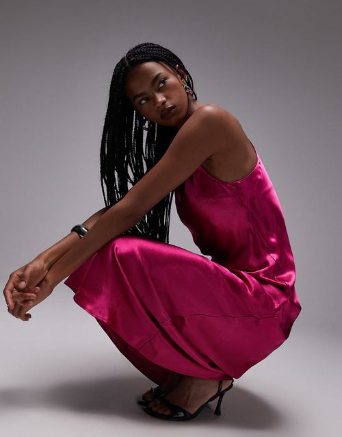 Racer neck satin bias cut maxi dress in pink