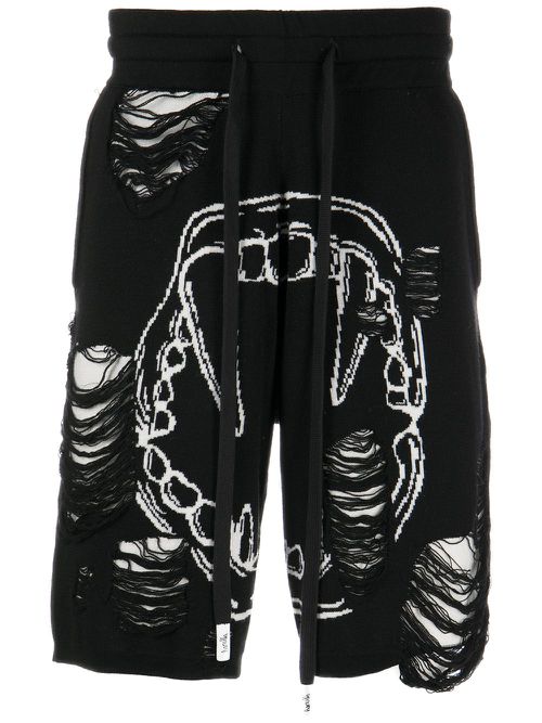 Intarsia-knit distressed track shorts - Black