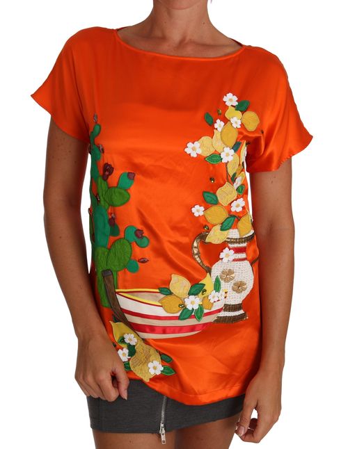 Silk Lemon-Embroidered T-Shirt — Orange