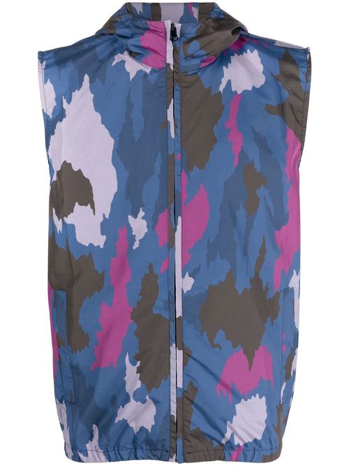 Abstract-print hooded gilet - Blue