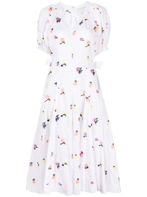 Floral-embroidered puff-sleeved dress - White