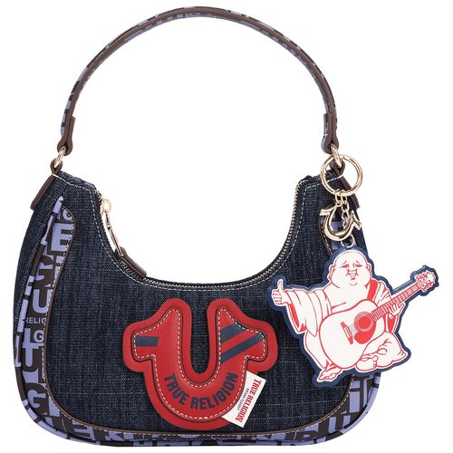 Graphic Trim Denim Hobo Bag with Buddha Charm