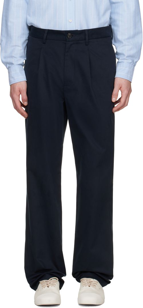 Navy Sanded Twill Pleated Trousers