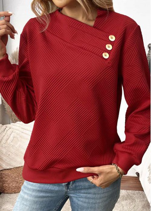 Modlily Wine Red Button Long Sleeve Asymmetrical Neck Sweatshirt