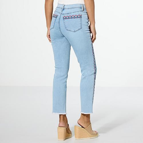 New Classic Stretch Denim Embroidered Ankle Jean - Blue