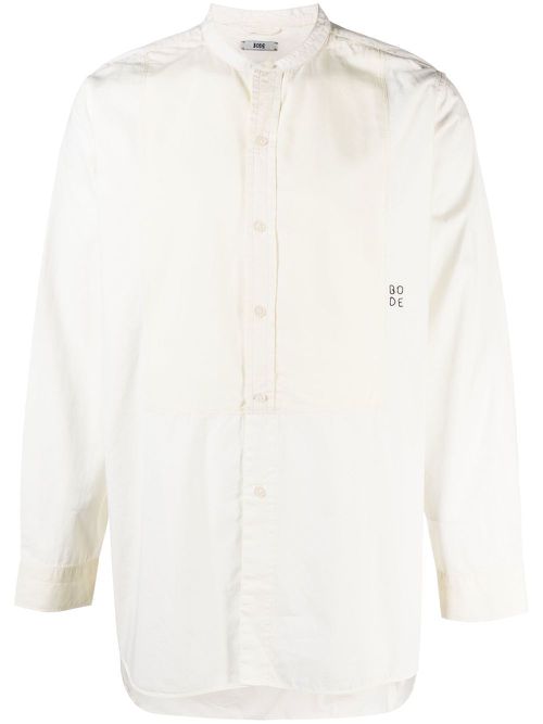 Logo-embroidered collarless shirt - Neutrals