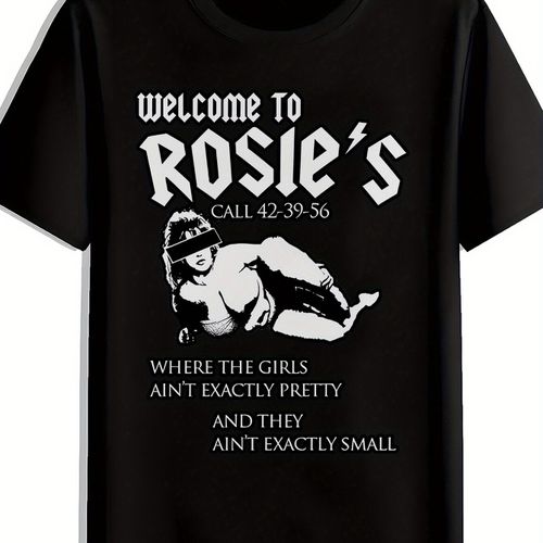 TEMU Men's Graphic T-shirt - Black Short Sleeve Round Neck Tee With Retro , Breathable Polyester, Machine Washable, Summer Casual Wear For Concert