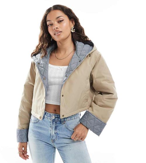 ASOS DESIGN hooded Petite cropped jacket with gingham lining in oatmeal-Gray