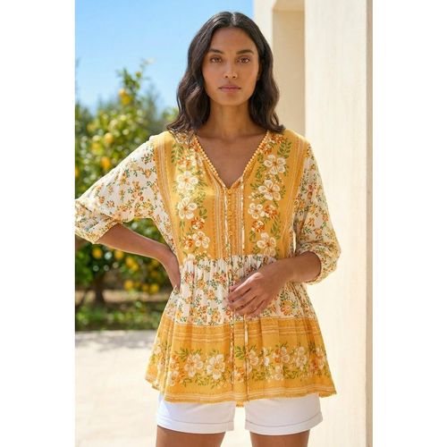 Roman Womens Floral Border Print V-Neck Overshirt - Yellow