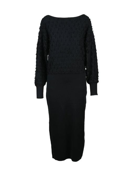 Textured Long Knit Dress With Fluid Silhouette And Voluminous Sleeves