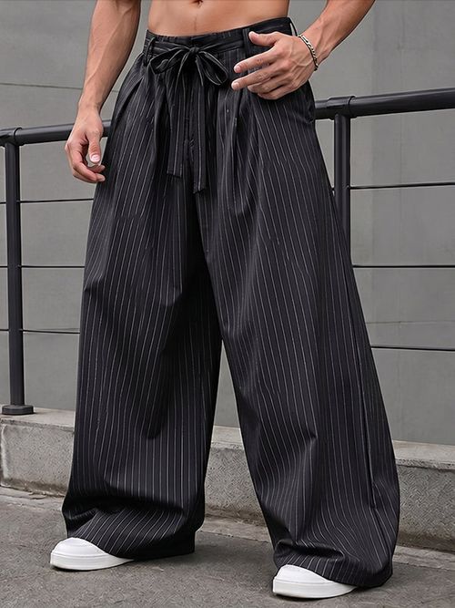 Men's High-Street Japanese Harajuku Pinstripe Wide-Leg Pant SKUL75700 - Black / S