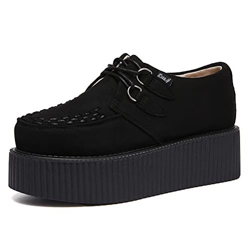 RoseG Women's Creepers Leather Oxfords Lace Up Flat Goth Platform Shoes Black/White
