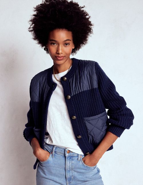 Short Quilted Knitted Jacket Navy