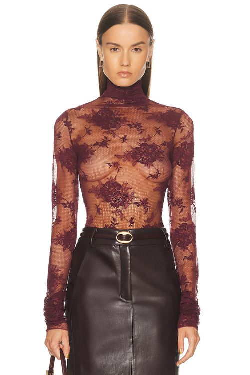 The Andamane Ziggy Lace Turtleneck Bodysuit in Cabernet - Burgundy. XS also in L