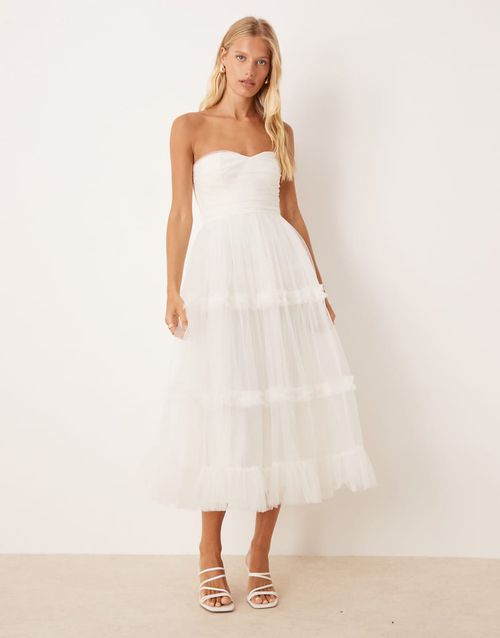 Bandeau ruffle midaxi dress in butter cream-White