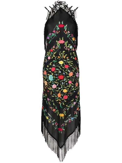 Piano-Shawl floral embroidered dress - Black