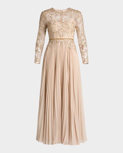 Pleated Chiffon and Bead-Embroidered Mesh Gown