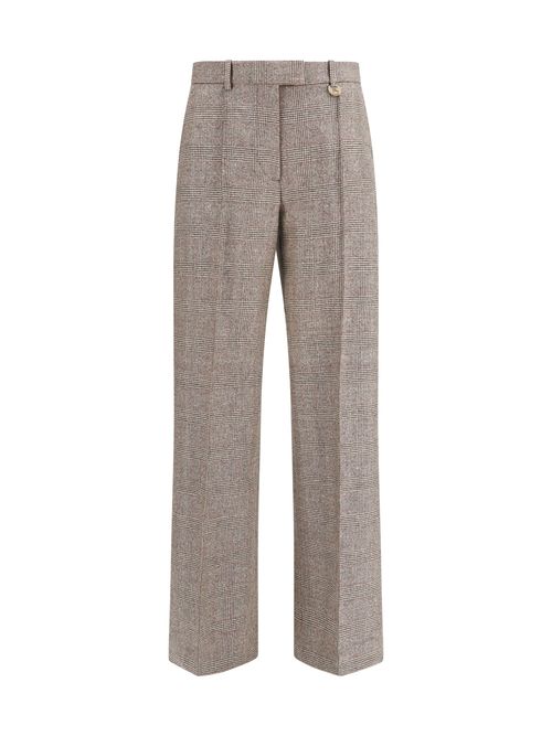 Checked Wool-Linen Blend Trousers — Beige