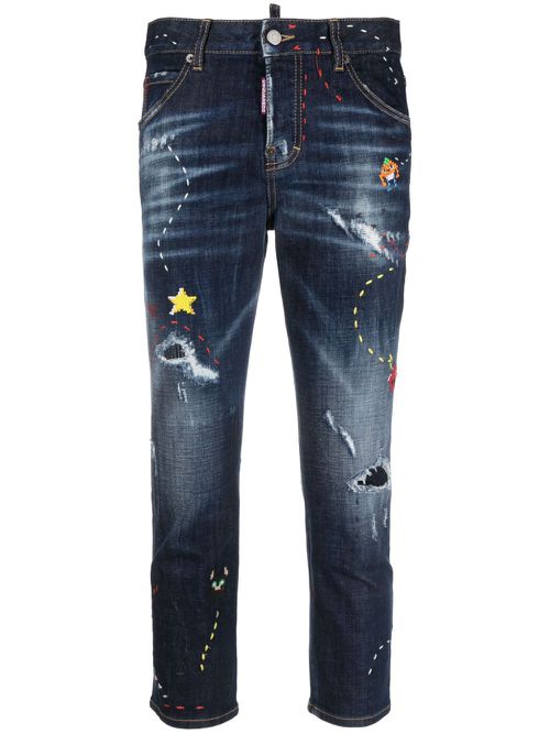 Embroidered-design cropped jeans - Blue
