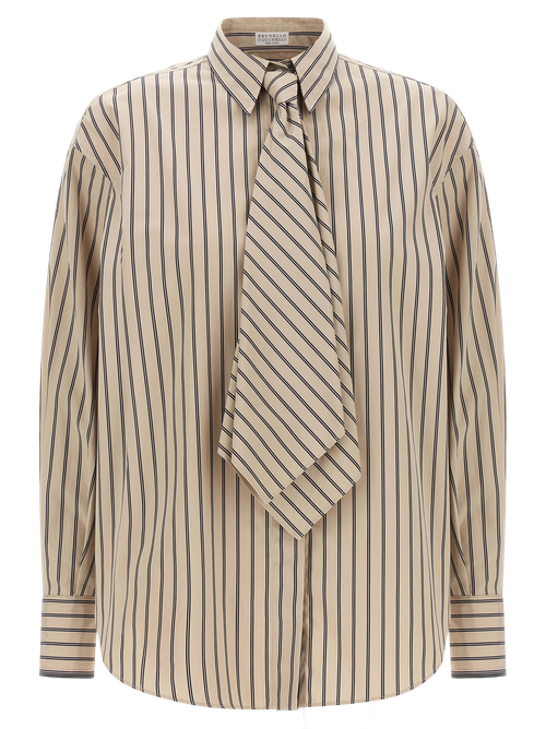 Vertical Striped Cotton Blouse — Beige