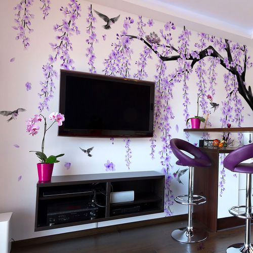 TEMU 4 Hot Purple Peach Tree Branches Magpie Bird Petals Living Room Background Wall Room Decoration Wall Stickers Chinese Style Wall Sticker