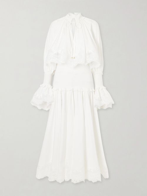 Alchemy Ruffled Shirred Lace-trimmed Cotton-poplin Midi Dress - White