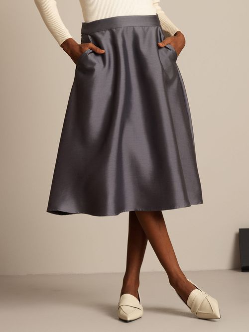 32Momme Silk-Wool Blend  A Line Midi Skirt with Zipper Deign