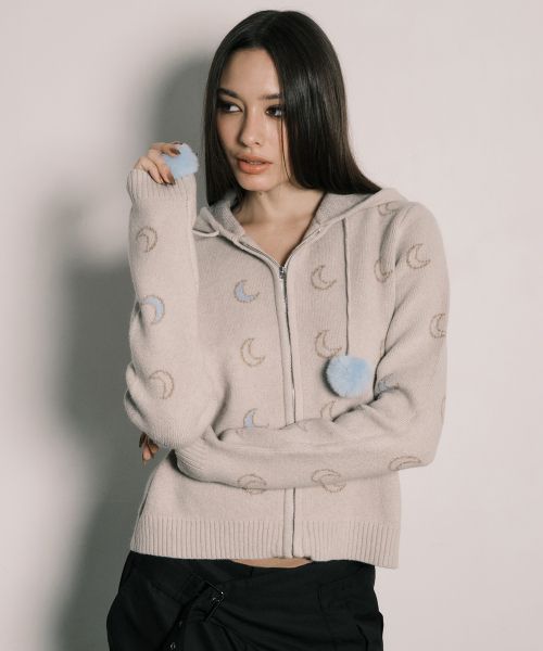 MOON KNITTED ZIP-UP HOODIE IVORY