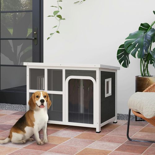 PawHut Wooden Dog Kennel Outdoor w/ Openable Top - - Light Grey